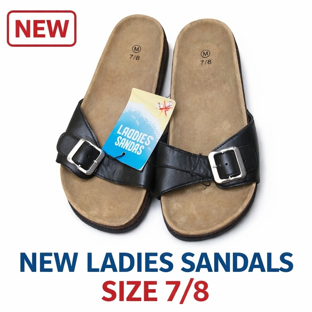 New Ladies Black Buckle Slide Sandals – Size 7/8 (Medium)